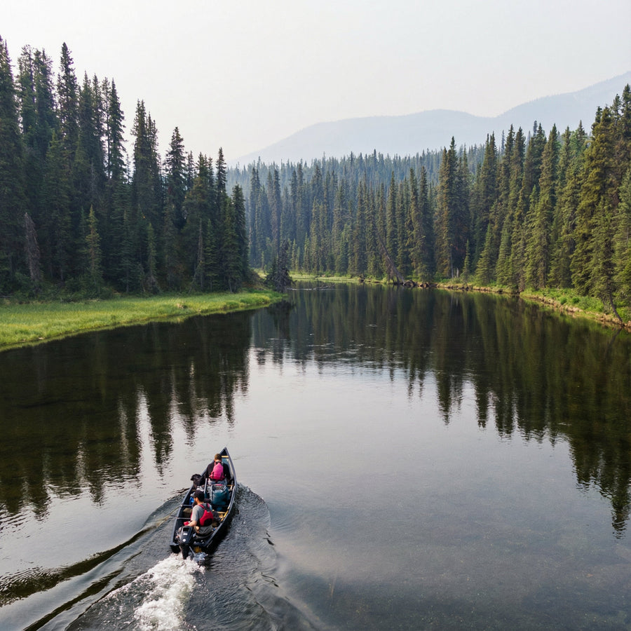 Canot sur une rivière calme bordée de conifères